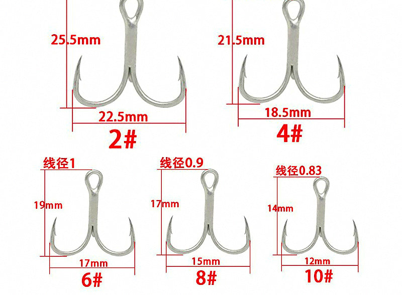 Barbed Treble Hooks, 50-Pack, Sizes 1, 6, 8 – product photo