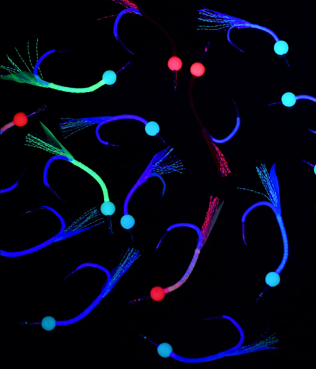 Sea Bass Fish Skin Hooks, UV & Glow Colors, 8-Pack – product photo