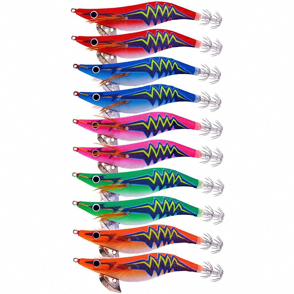 Glow Wood Shrimp Squid Jigs, 10-Pack, Sizes 2.5#–3.5# – product photo