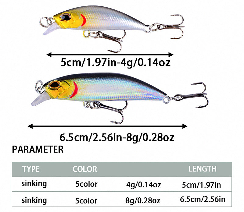 Sinking Mini Minnow Lure, 5 cm & 6.5 cm (4 g / 8 g) – product photo