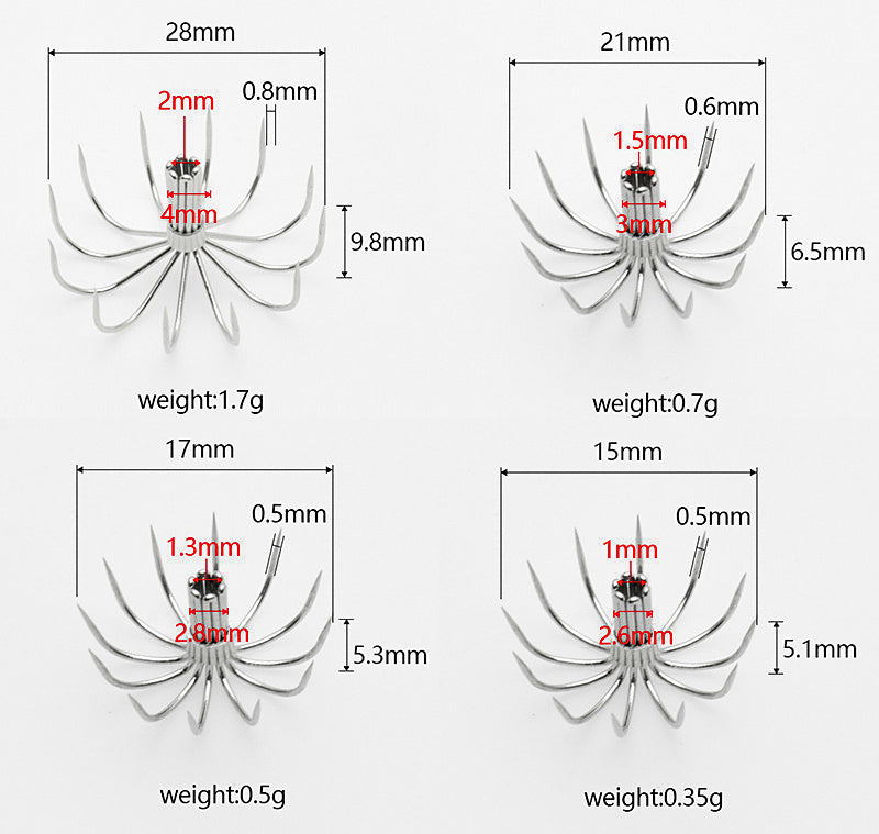 Stainless Steel Umbrella Squid Jig Hook, 12-Prong, 15–45 mm – product photo