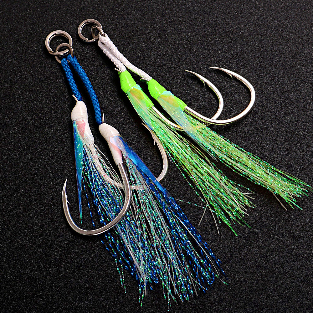 Barbed Double Hooks for Metal Jigs, 1/0–4/0, 2 Sets per Pack