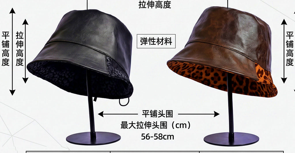 Leopard Print Bucket Hat, Leather Panel, Adjustable, Foldable – product photo
