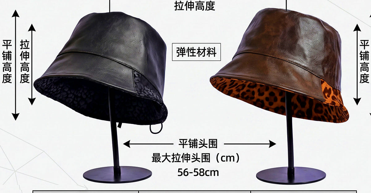 Leopard Print Bucket Hat, Leather Panel, Adjustable, Foldable – product photo