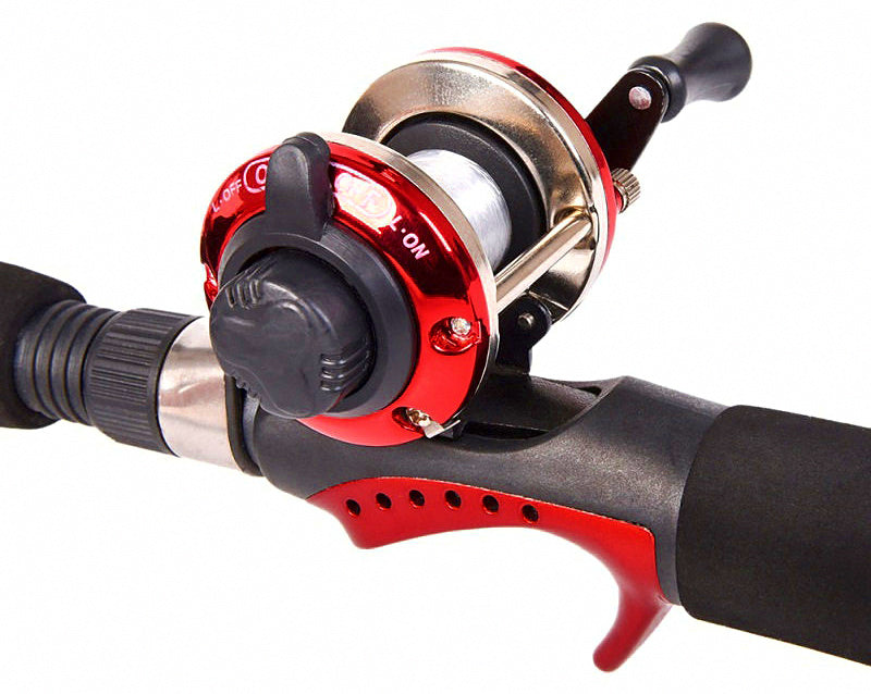 Mini Metal Teardrop Closed-Face Reel, Red or Blue – product photo