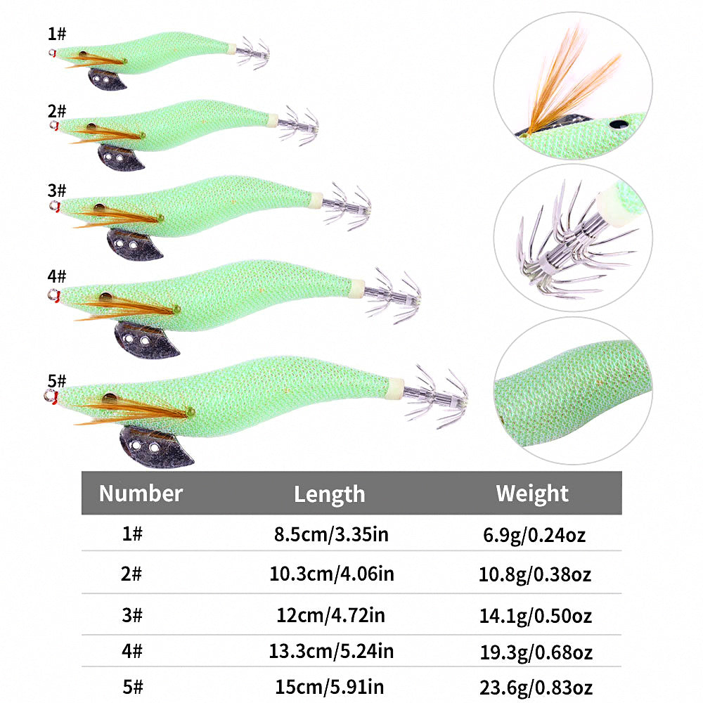 Wooden Shrimp Squid Jig, Glow, 8–15.5 cm (3.1–6.1 in) – product photo