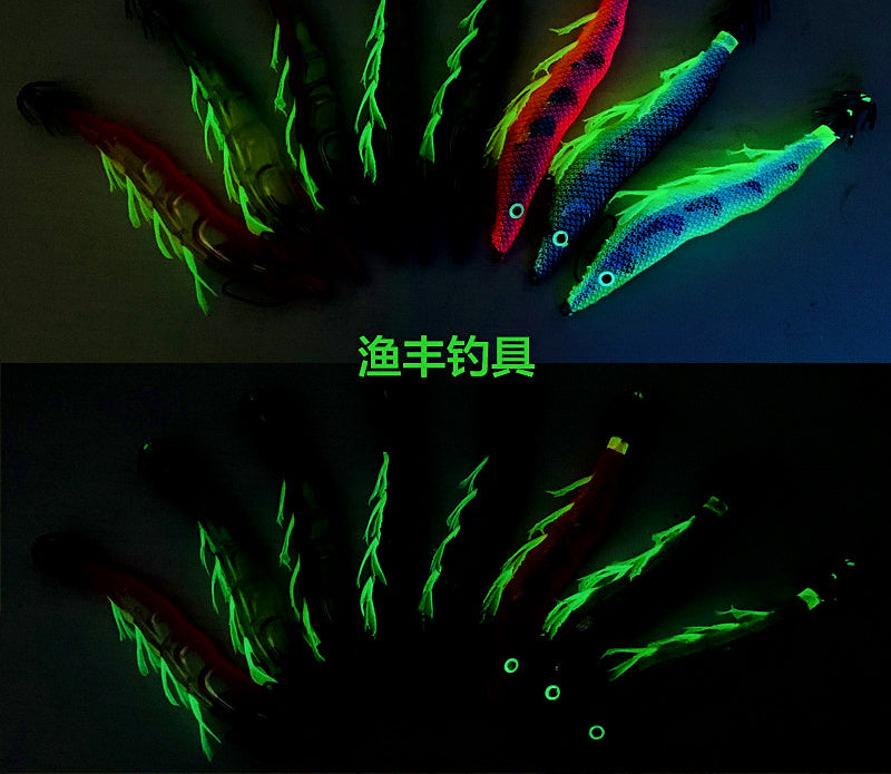 Glow Squid Jig, Wooden Shrimp Style Egi with Legs – product photo