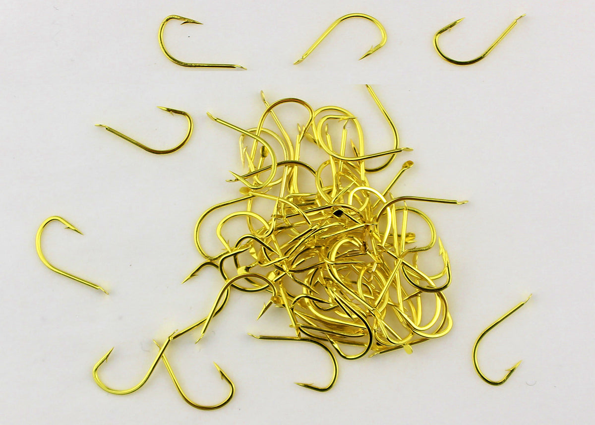 Gold Carbon Steel Fishing Hooks, 50 pcs, Barbed or Barbless – product photo