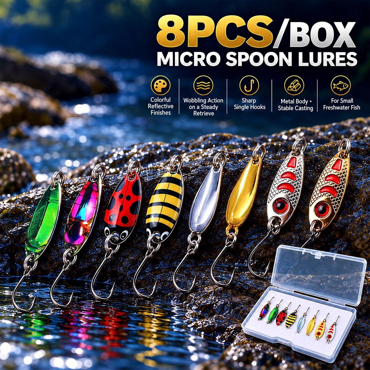 Micro Metal Spoon Lures, Ladybug Beetle Style, 8-Piece Box – product photo