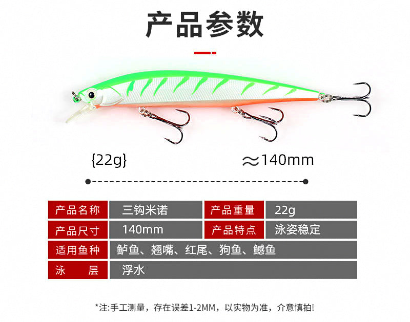 Minnow Lure with 3 Hooks, 140 mm (5.5 in) 22 g (0.78 oz) – product photo