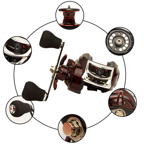 Red Crackle Baitcasting Reel, 7.2:1 Gear Ratio – product photo