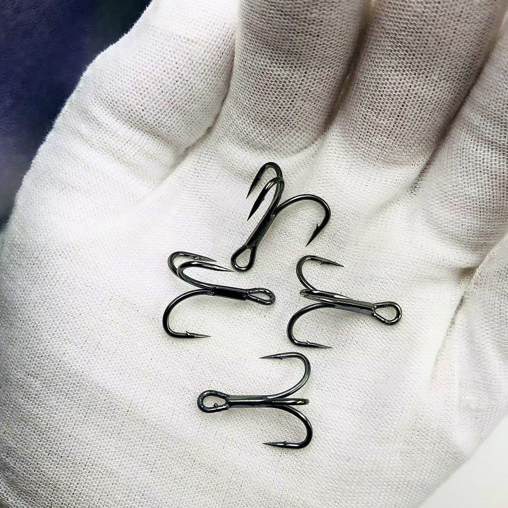 Black Nickel Treble Hooks with Barbs, Sizes 4–10, 10 Pack – product photo