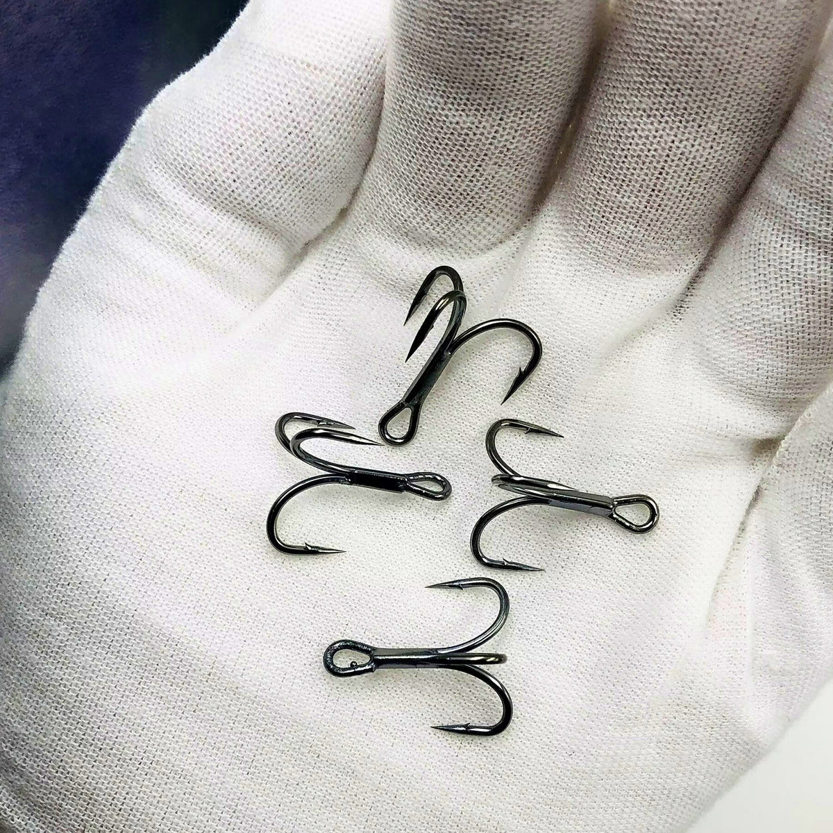 Black Nickel Treble Hooks with Barbs, Sizes 4–10, 10 Pack – product photo