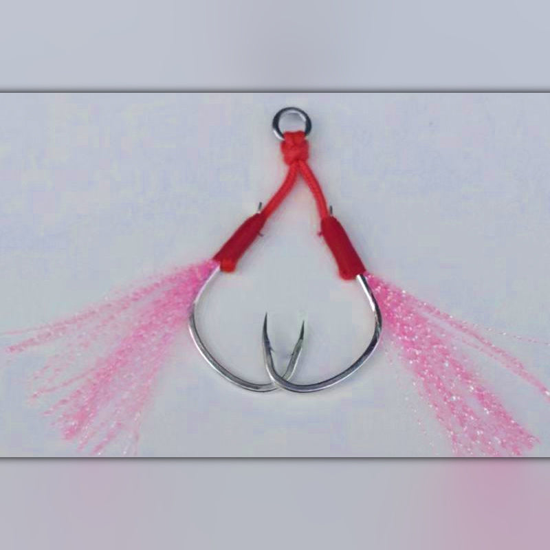 Pink Feathered Double Assist Hooks for Jigs, Barbed, 1/0-4/0