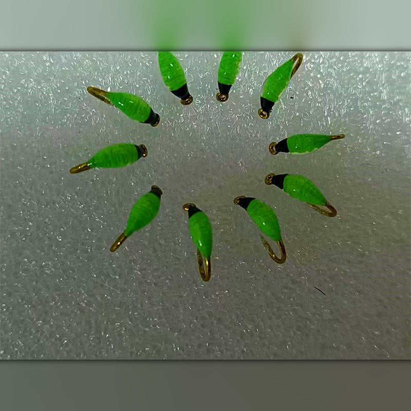Pre-Tied Nymph Flies, Black Head Fluo Green, Sizes 12–20
