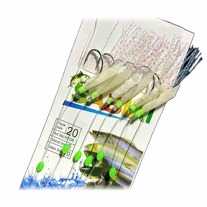 White Fish Skin Sabiki Rig with Glow Beads, Hook Sizes 6–20