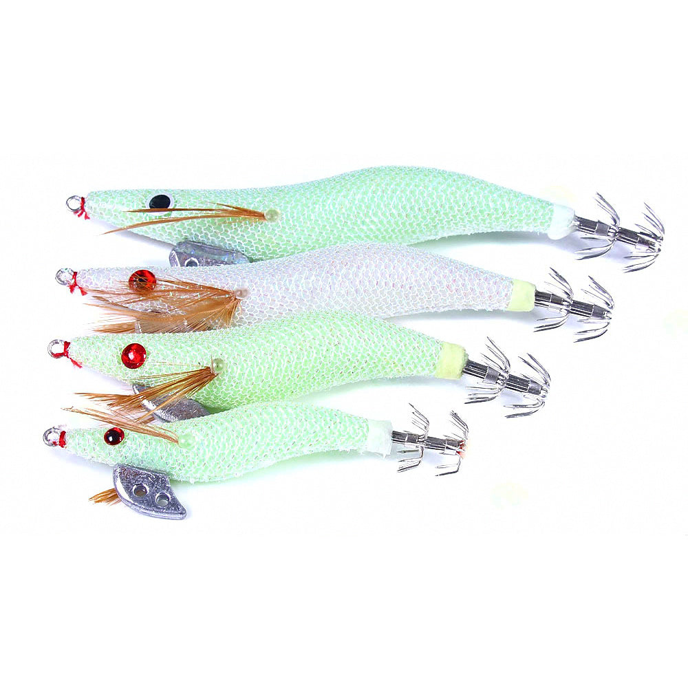 Glow White Wooden Shrimp Squid Jig, Sizes 2.0–4.0
