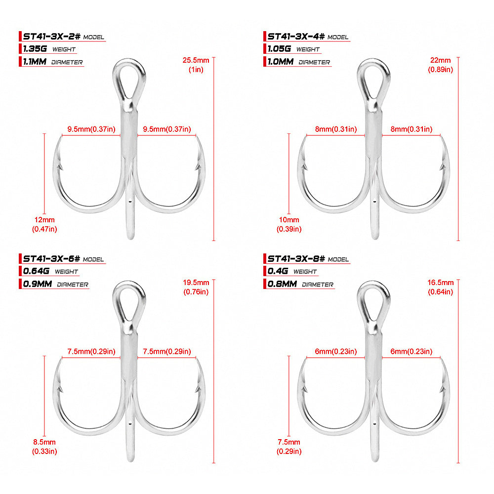 Saltwater Treble Hooks, Barbed, 20-Pack, Sizes 14 to 3/0