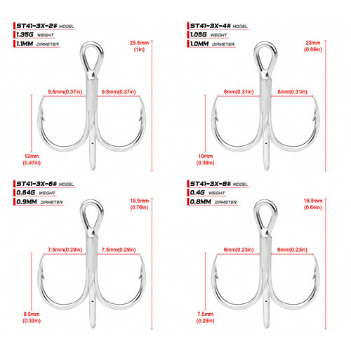 Saltwater Treble Hooks, Barbed, 20-Pack, Sizes 14 to 3/0
