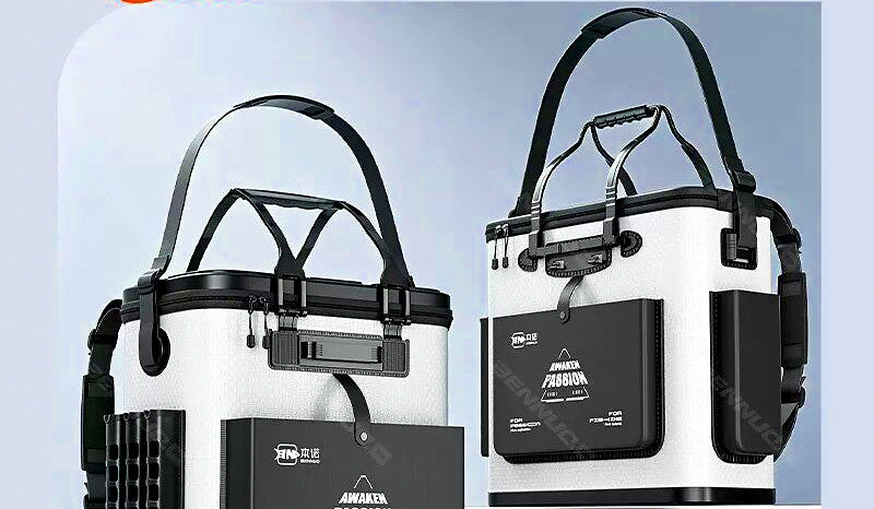 Fishing Bucket Bag with Rod Holder Options, Carbon Pattern – product photo