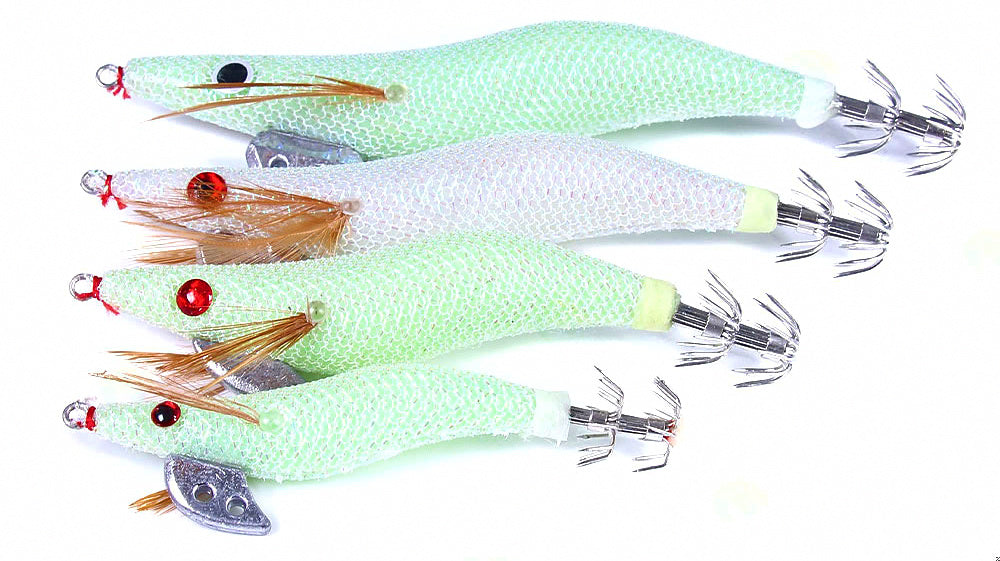 Glow White Wood Shrimp Squid Jig, Sizes 2.0–4.0 – product photo