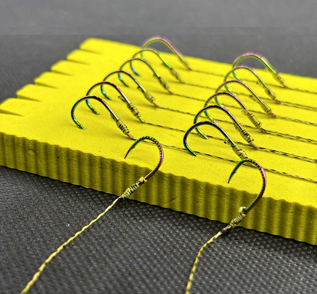 Pre-Tied Double Hook Rigs with Braided Snell, 6 or 12 Pack – product photo