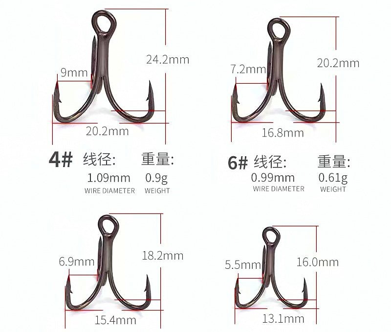 Carbon Steel Treble Hooks, PTFE Coated, Sizes 16 to 4 – product photo