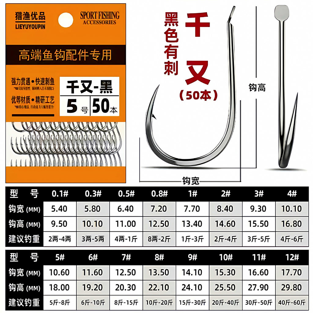 Barbed Bulk Fishing Hooks, 50-Pack, Sizes 0.5–15 – product photo