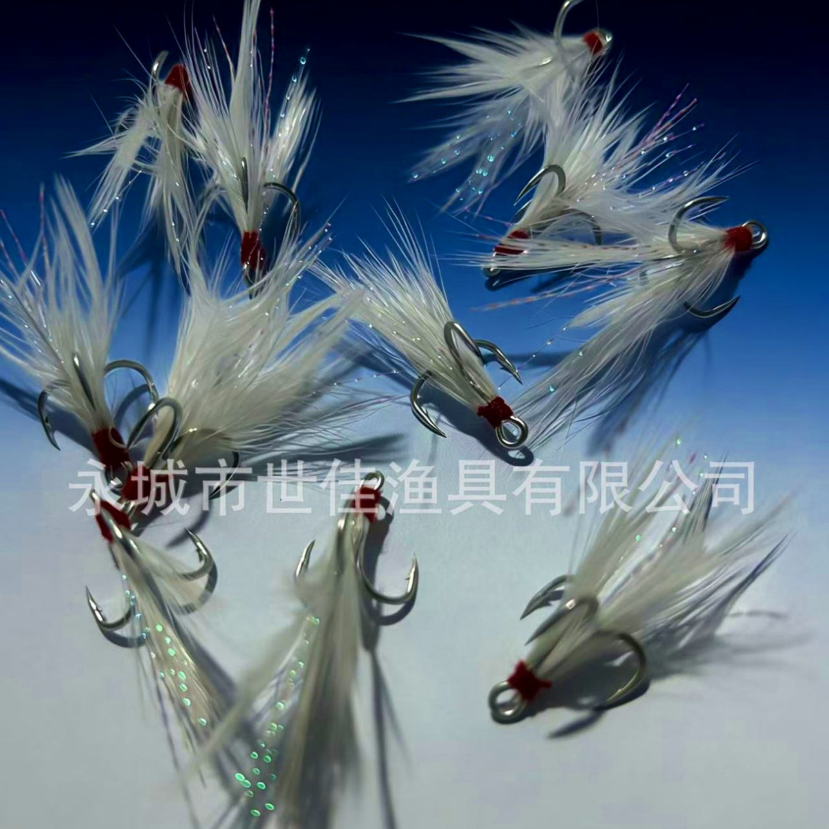 White Feather Treble Hooks, Barbed, Blood Groove, Size 1–12 – product photo