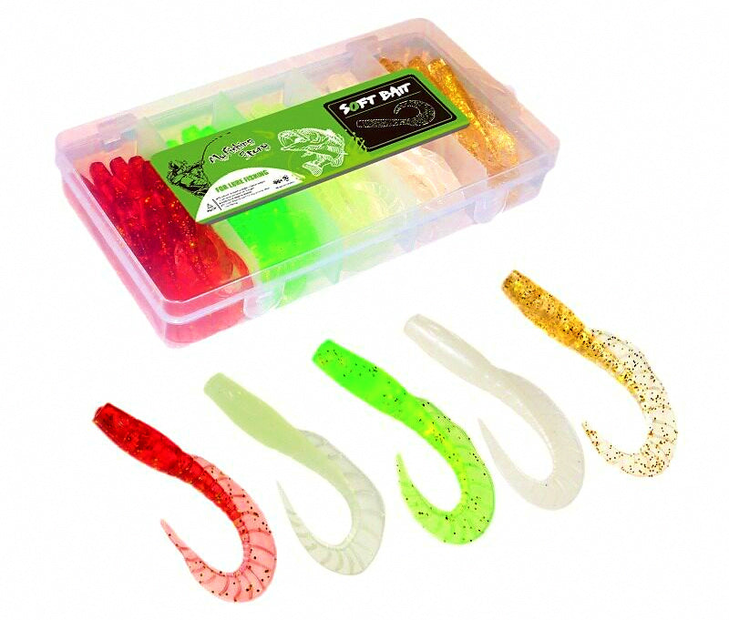 Skirted Curly Tail Soft Bait Kit, 6 cm (2.4 in) w/ Jig Hooks – product photo