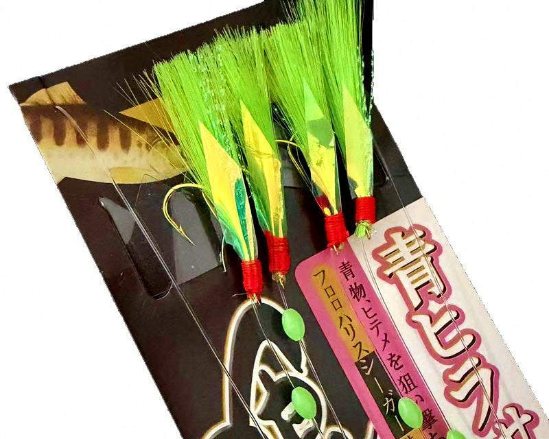 4-Hook Green Feather Bait Rig, Barbed Hooks, Sizes 16-24 – product photo