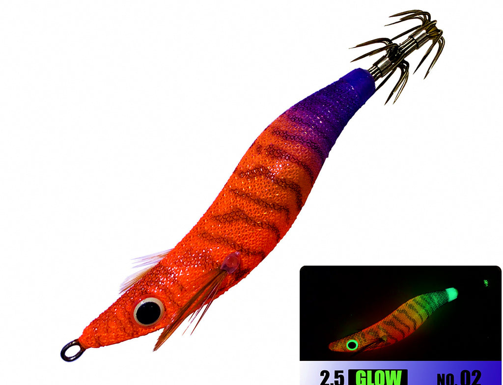 Wood Shrimp Squid Jig Size 2.5, Glow Rattle Bead – product photo
