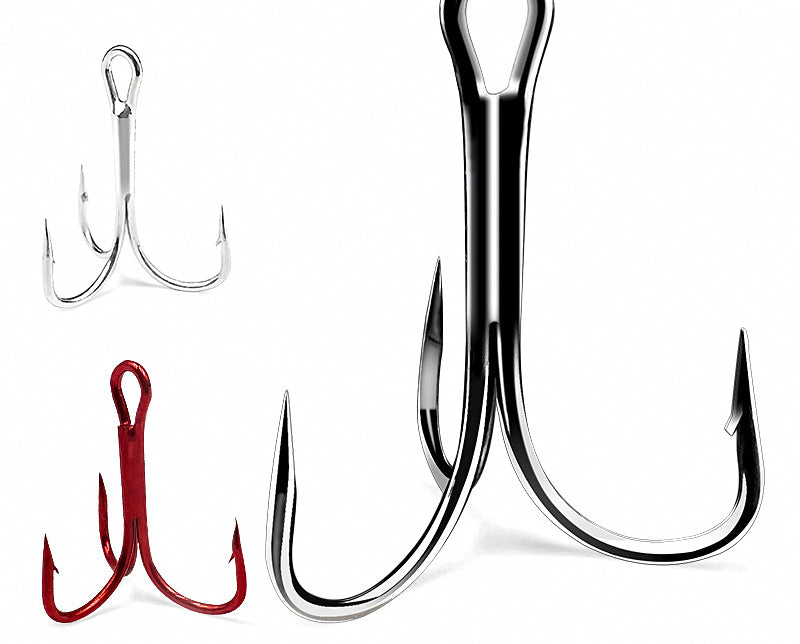 Treble Hooks, Barbed, Sizes 12 to 4/0, Silver, Black, Red – product photo