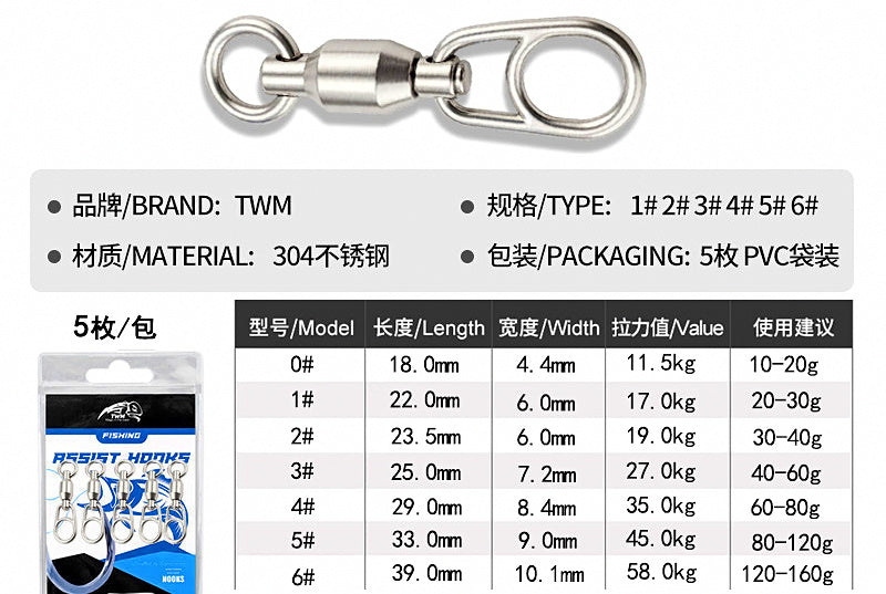 Ball Bearing Swivels, 304 Stainless Steel, 5 pcs/pack – product photo