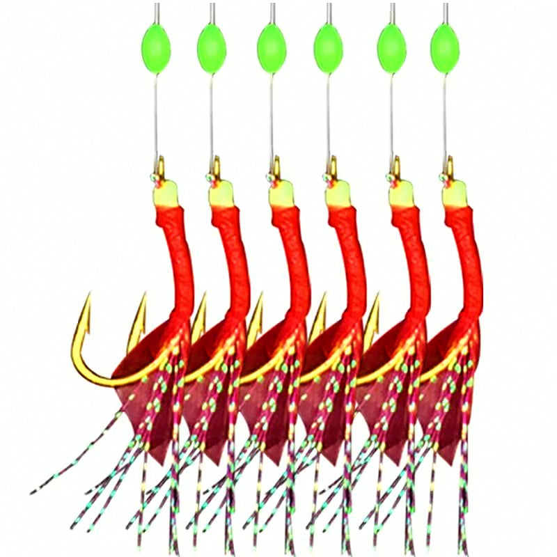 Red Fish Skin Sabiki Rig, 6 or 10 Hooks, Sizes 3–22