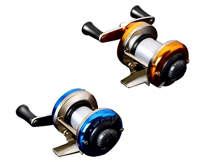 Mini Drum Ice Fishing Reel, Metal Handle, Gold or Blue – product photo