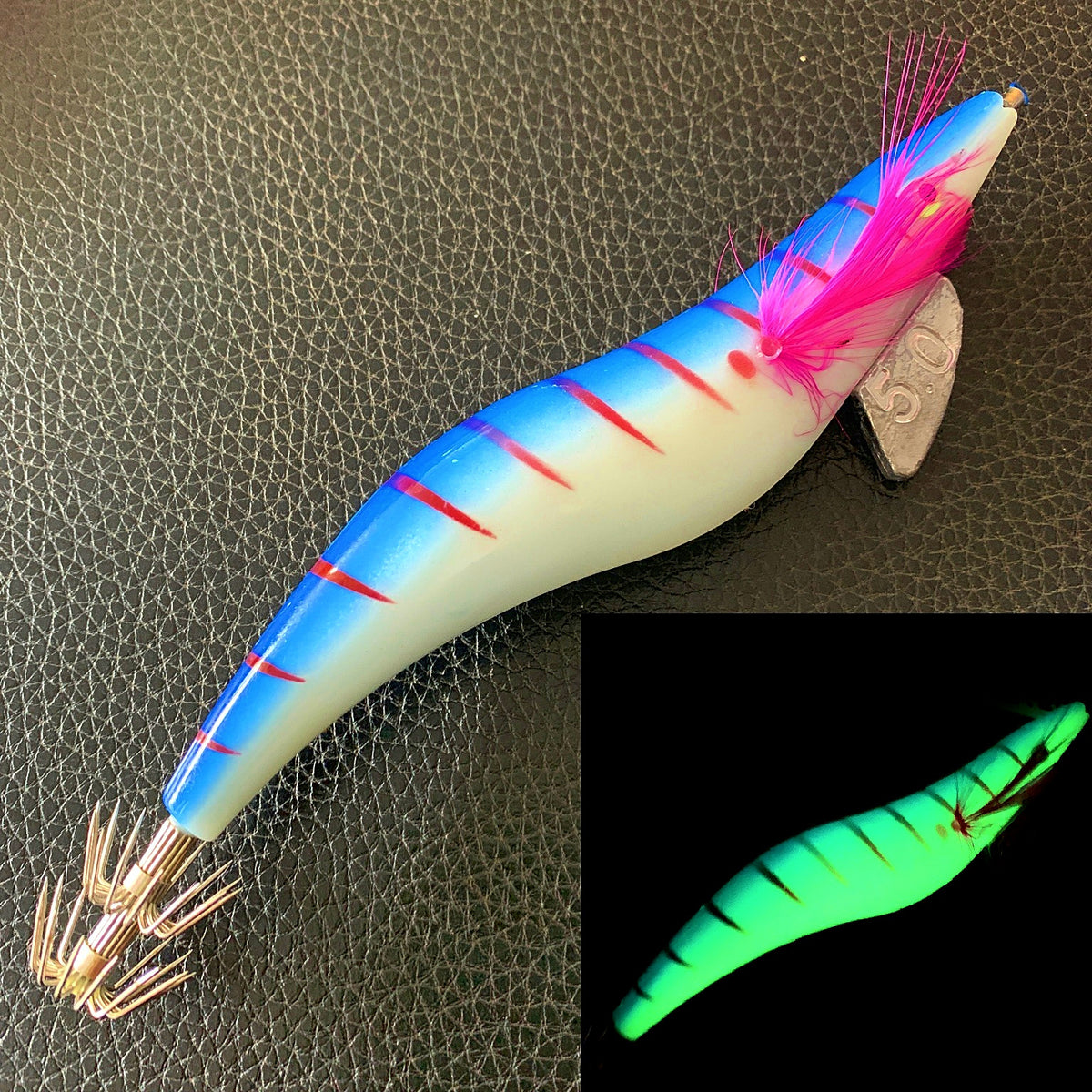 Wood Shrimp Squid Jig (Egi), Glow Painted, Size 5.0 / 6.0 – product photo
