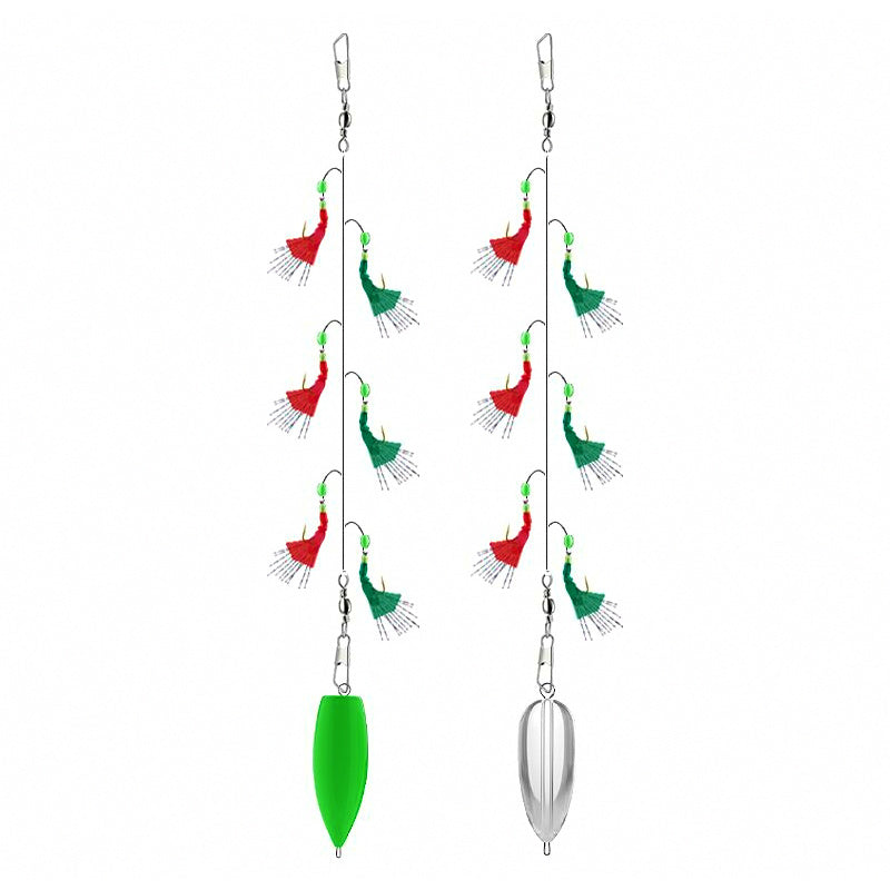 Sabiki-Style 6-Hook Rig, Red & Green Skin, Size 6–20