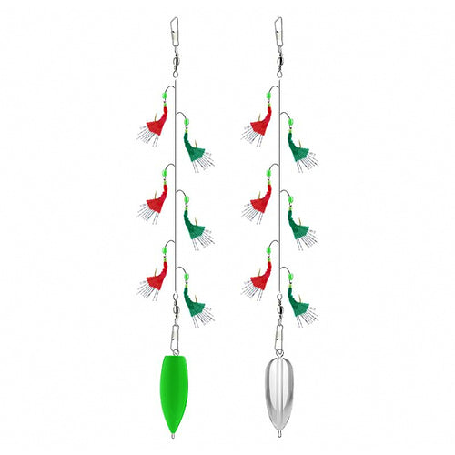 Sabiki-Style 6-Hook Rig, Red & Green Skin, Size 6–20