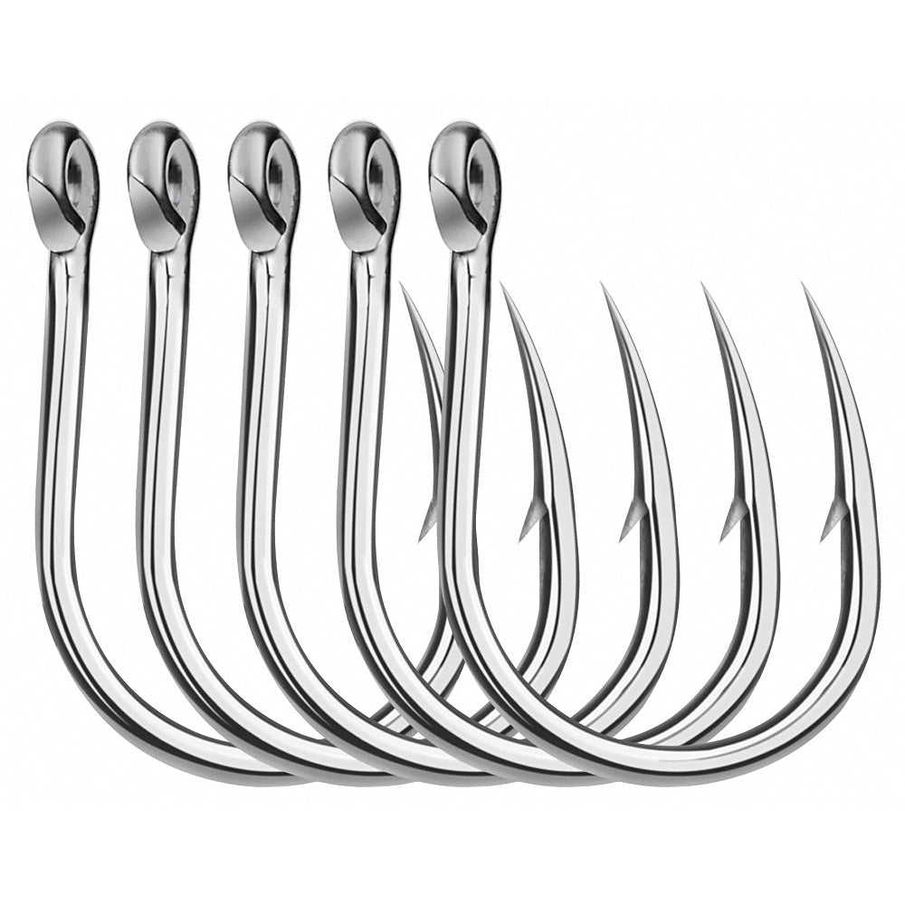 Stainless Steel Barbed Eyed Hooks, Sizes 1/0–13/0