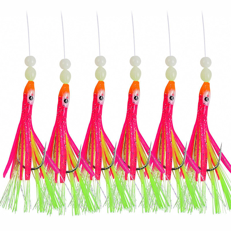 Glow Squid Skirt Rig, Silver Hooks, 6-Hook Pack