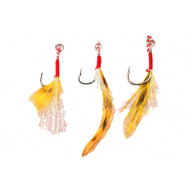 Feathered Single Hooks, Barbed, 50-Pack, Sizes 11, 12, 14