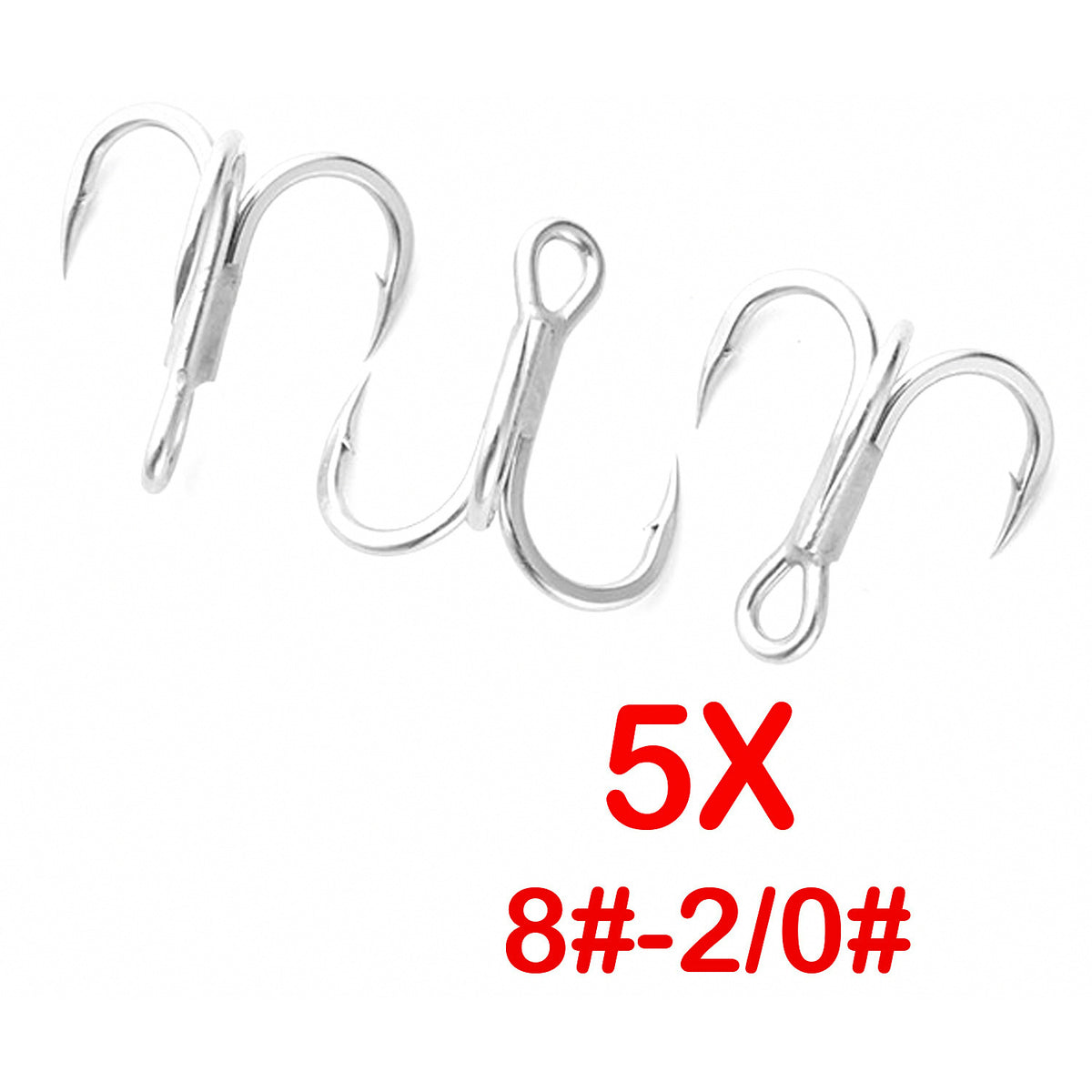 5X Strong Treble Hooks, Barbed, 5-Pack, Size 8 to 2/0