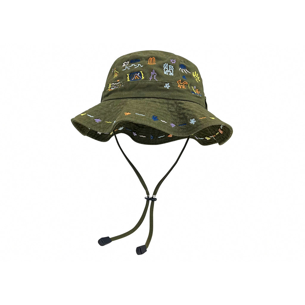 Embroidered Wide Brim Bucket Hat, Sun Protection, M (56-58 cm)