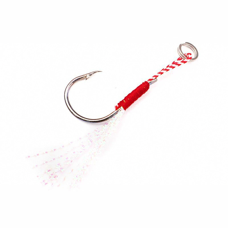 Feathered Single Hook for Slow Pitch Jigs, Silver or Black